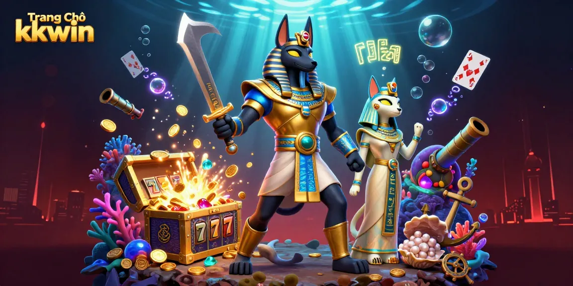 Experience dynamic gameplay at Trang Chủ kkwin with Anubis and Bastet amidst slot reels and treasure.