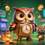 The dynamic 3D scene showcases the sunwin theme with a time-traveler owl and clockwork mouse, surrounded by vibrant casino elements.