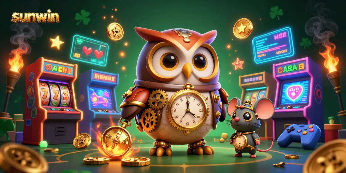 The dynamic 3D scene showcases the sunwin theme with a time-traveler owl and clockwork mouse, surrounded by vibrant casino elements.
