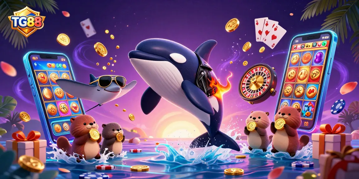 TG88 whale in leather jacket jumps beside stingray and otters with coins at an exciting online casino.