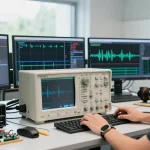 Technician using a Digital Oscilloscope, benchtop oscilloscope in a modern lab.