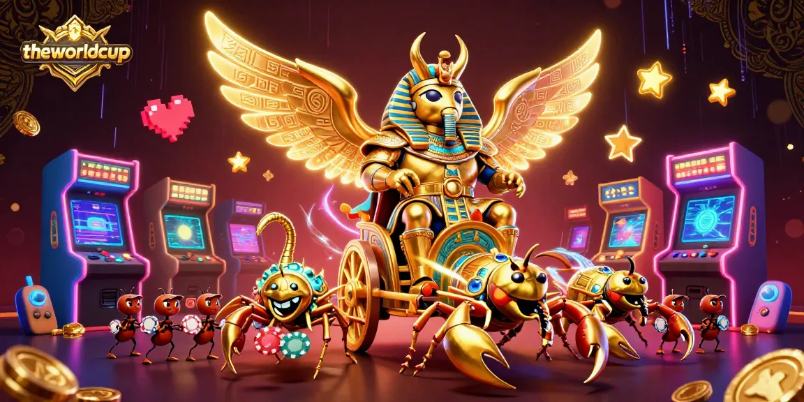 Theworldcup event showcases an electrifying scene of a colossal scarab beetle in a casino setting with lively gaming elements.