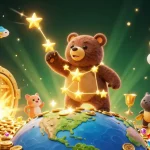 Experience thrilling wins at KO66 with a dazzling display of coins and characters in a magical casino scene.