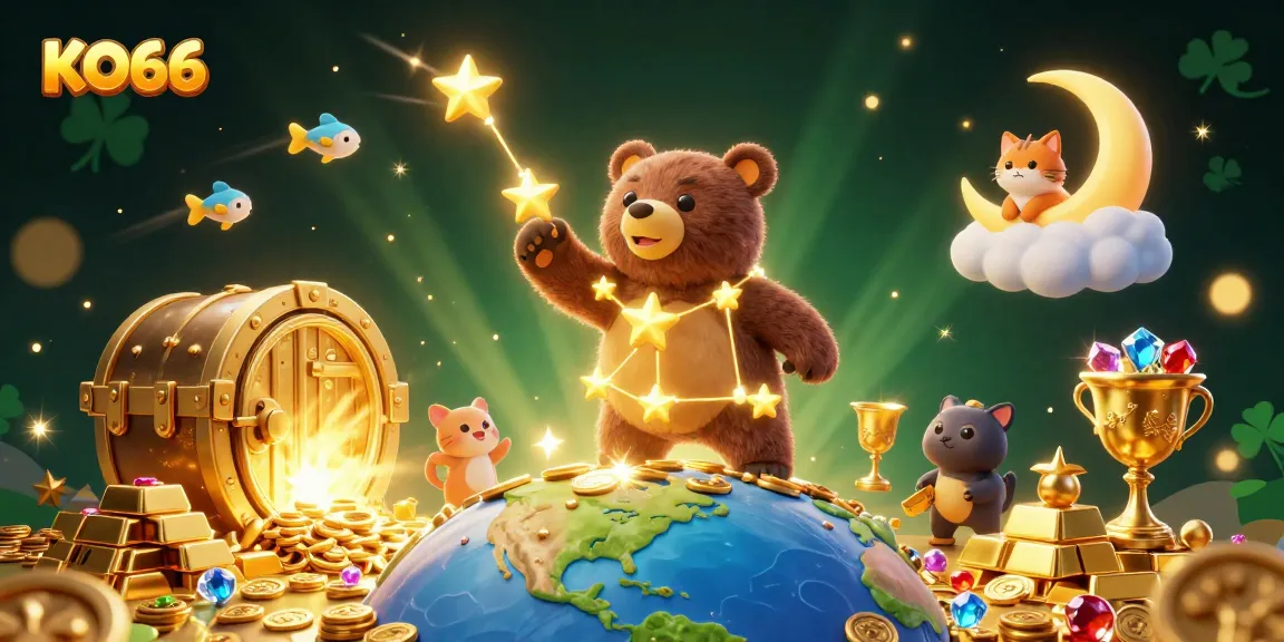 Experience thrilling wins at KO66 with a dazzling display of coins and characters in a magical casino scene.